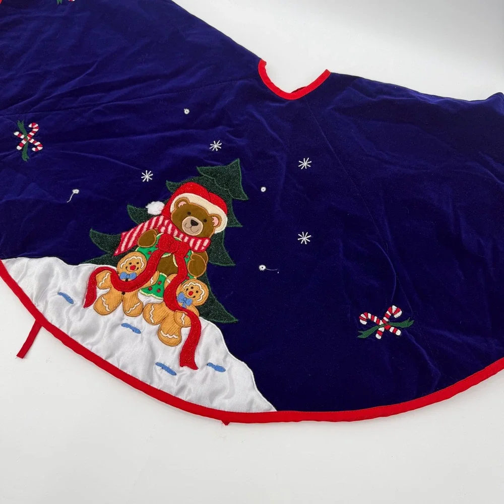 Vintage Blue Velvet Christmas Tree Skirt Teddy Bear Gingerbread 48 Inch